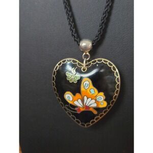 Cloisonne Double-sided Puff Heart  Pendant Necklace Flowers Butterflies Vintage